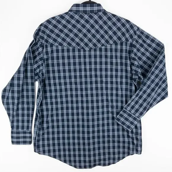 Plains Western Shirt Men's Large Long Sleeve Pearl Snaps Plaid Blue White - Picture 9 of 11